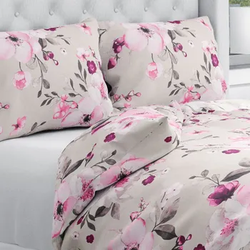 Povlečení Bavlněné ložní povlečení Sandra SA-494 Velké růžové květy na světle šedobéžovém Jednolůžko 140x200 a 70x90 cm