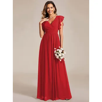 Dámské šaty Šaty pro družičky s výstřihem do V, páskem, volánky Barva: Červená, Velikost: 4XL