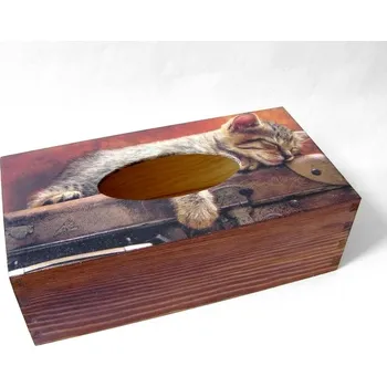 Krabice na papírové kapesníky - Spící kotě na hnědé