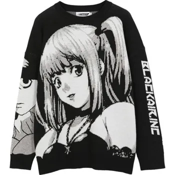 Pánský svetr Pánský svetr černý Japonský styl Anime Girl Pletený svetr s potiskem anime dívky Stylový streetwear svetr Polyester L