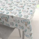 Dětský bavlněný obdélníkový ubrus Sandra SA-689 Dráčci s medvídky na modrozelených obláčcích na bílém 140x220 cm