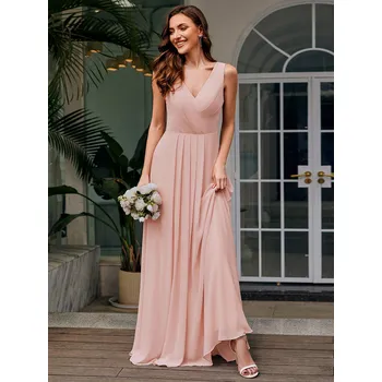 Dámské oblečení šifonové šaty pro družičku s řasením, aplikací a výstřihem Barva: Růžová, Velikost: L