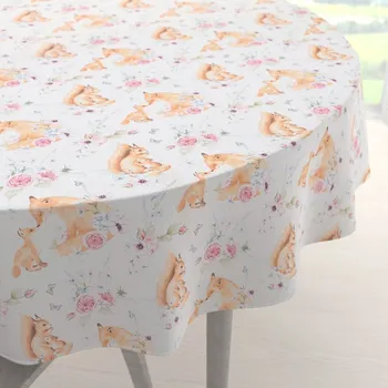 ubrus Dětský bavlněný kulatý ubrus Sandra SA-694 Veverky a lišky mezi květinami na bílém Ø 40 cm