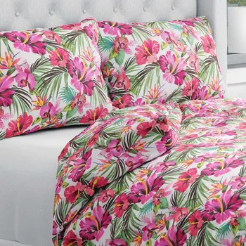Povlečení Bavlněné ložní povlečení Sandra SA-555 Růžovo-červené havajské květy na bílém Jednolůžko 140x200 a 70x90 cm