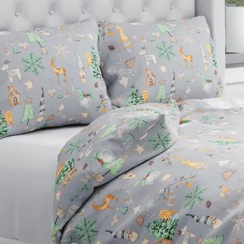 Povlečení Vánoční bavlněné ložní povlečení Sandra SA-509 Vánoční skřítci a ozdoby na šedém Jednolůžko 140x200 a 70x90 cm