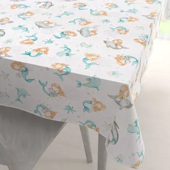 ubrus Dětský bavlněný obdélníkový ubrus Sandra SA-691 Modrozelené mořské panny s delfíny a velrybami na bílém 60x100 cm