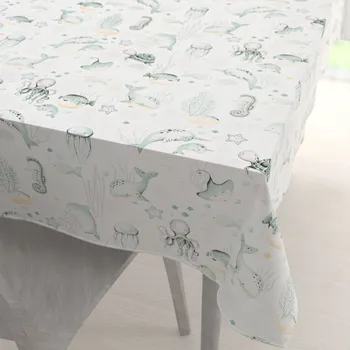 ubrus Dětský bavlněný obdélníkový ubrus Sandra SA-688 Mořský svět zelený na bílém 100x140 cm