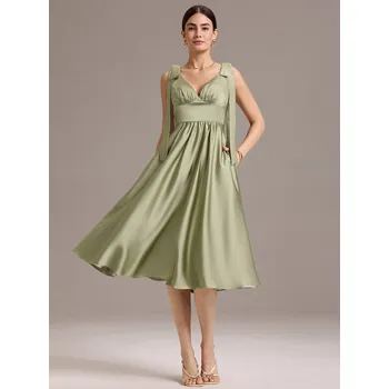 Dámské oblečení Saténové šaty midi bez rukávů s výstřihem do V Barva: Zelená, Velikost: XS