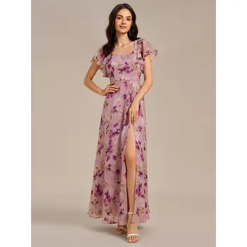 Dámské oblečení áčkové šaty s odhalenými zády, krátké rukávy, volánky Barva: Světle Fialová, Velikost: 4XL