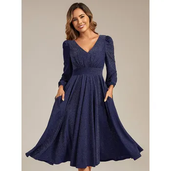 Dámské šaty Svatební šaty s dlouhým rukávem a výstřihem do V Barva: Tmavě Modrá, Velikost: 7XL