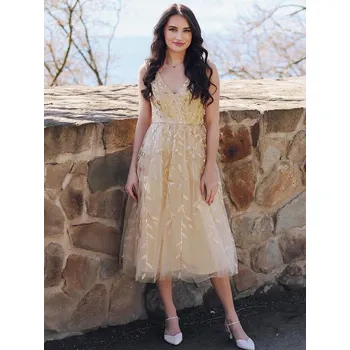 Dámské šaty Svatební šaty s výstřihem do V a flitry Barva: Zlatá, Velikost: 6XL