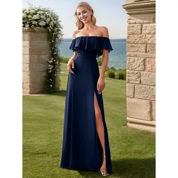 Dámské šaty Šaty pro družičky s odhalenými rameny, volánky a rozparkem Barva: Tmavě Modrá, Velikost: XL