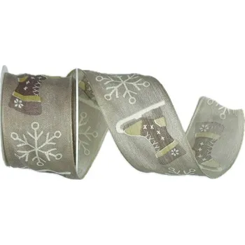 Stuha Stuha vánoční WINTER SKATE hnědá 40mm x 2m (13,-Kč/m) (Stuha vánoční, bavlněná, jednostranný potisk, motiv brusle, s drátkem v lemu)