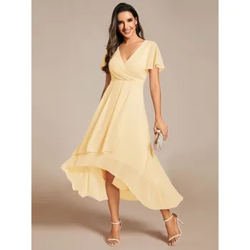 Dámské šaty Midi šifonové svatební šaty s volánovým rukávem Barva: Žlutá, Velikost: 4XL