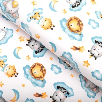 Dětská bavlněná látka/plátno Sandra SA-693 Africká zvířátka na modrých obláčcích na bílém - šířka 160 cm