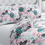 Bavlněné ložní povlečení Sandra SA-413 Růžové a zelené tropické listy na bílém Jednolůžko 140x200 a 70x90 cm