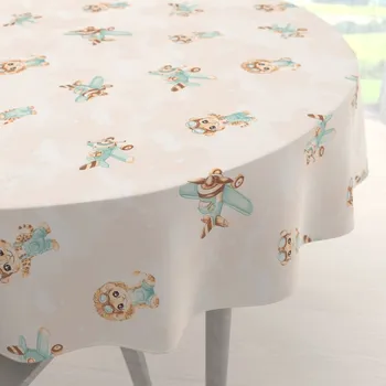 ubrus Dětský bavlněný kulatý ubrus Sandra SA-686 Lvíčata s letadýlky na světle béžovém Ø 70 cm