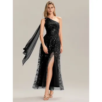 Dámské šaty Maxi šaty na svatbu s flitry a jedním ramenem Barva: Černá, Velikost: 3XL