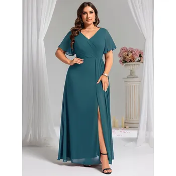 Dámské šaty Elegantní večerní asymetrické šifonové šaty s volánovým rukávem Barva: Tyrkysová, Velikost: 9XL