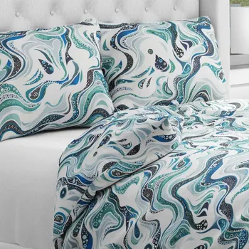 Povlečení Bavlněné ložní povlečení Sandra SA-587 Modro-zelené designové vlnky na mintovém Prodloužené 140x220 a 70x90 cm