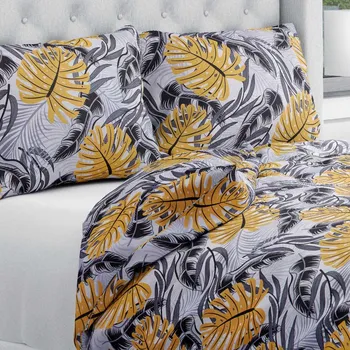 Povlečení Bavlněné ložní povlečení Sandra SA-177 Okrové a šedé tropické listy Jednolůžko 140x200 a 70x90 cm