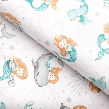 Dětská bavlněná látka/plátno Sandra SA-691 Modrozelené mořské panny s delfíny a velrybami na bílém - šířka 160 cm
