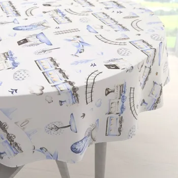 ubrus Dětský bavlněný kulatý ubrus Sandra SA-690 Modré vláčky s letadýlky na bílém Ø 50 cm