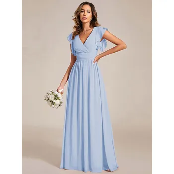 Dámské šaty Šaty pro družičky s výstřihem do V, páskem, volánky Barva: Modrá, Velikost: 8XL