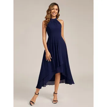 Dámské šaty Svatební šaty bez rukávů s obojkem midi asymetrické Barva: Tmavě Modrá, Velikost: 7XL