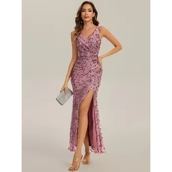 Dámské šaty Maxi šaty s hlubokým výstřihem do V flitrové s rozparkem Barva: Purpurová, Velikost: 7XL