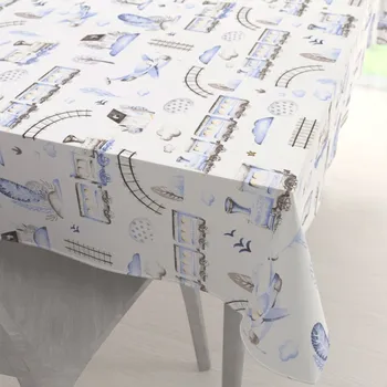 ubrus Dětský bavlněný obdélníkový ubrus Sandra SA-690 Modré vláčky s letadýlky na bílém 50x100 cm