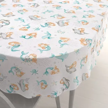 ubrus Dětský bavlněný oválný ubrus Sandra SA-691 Modrozelené mořské panny s delfíny a velrybami na bílém 50x100 cm