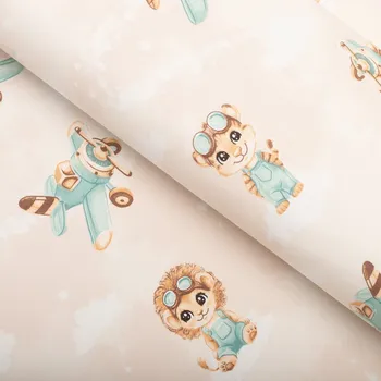 Dětská bavlněná látka/plátno Sandra SA-686 Lvíčata s letadýlky na světle béžovém - šířka 160 cm