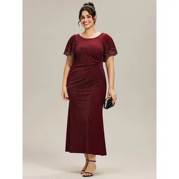 Dámské šaty Večerní šaty s krátkým rukávem, volánky a korálky Barva: Bordová, Velikost: 6XL