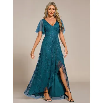 Dámské šaty Večerní midi šaty ze síťoviny s výstřihem do V Barva: Tyrkysová, Velikost: 6XL