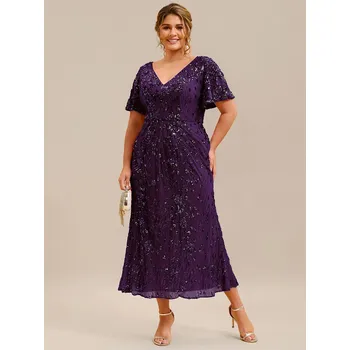 Dámské šaty Plesové šaty s flitry a výstřihem do V midi Barva: Fialová, Velikost: 5XL