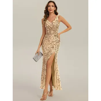 Dámské šaty Maxi šaty s hlubokým výstřihem do V flitrové s rozparkem Barva: Zlatá, Velikost: 3XL