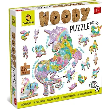 Puzzle Dřevěné puzzle Ludattica Woody Jednorožci, dřevěné puzzle, 48 dílků