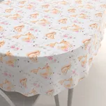 Dětský bavlněný oválný ubrus Sandra SA-694 Veverky a lišky mezi květinami na bílém 140x220 cm