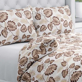 Povlečení Bavlněné ložní povlečení Sandra SA-498 Hnědé listy monstery na bílém Jednolůžko 140x200 a 70x90 cm