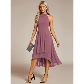 Dámské šaty Asymetrické šifonové šaty s ohlávkovým výstřihem Barva: Purpurová, Velikost: 5XL