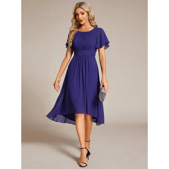 Dámské šaty Svatební šaty pro hosty midi s volánkovým rukávem Barva: Safírová, Velikost: 4XL