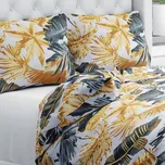 Bavlněné ložní povlečení Sandra SA-388 Šedozelené a zlaté tropické listy na bílém Dvoulůžko francouzské 220x200 a 2ks 70x90 cm