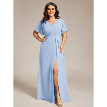 Dámské šaty Elegantní večerní asymetrické šifonové šaty s volánovým rukávem Barva: Modrá, Velikost: 9XL