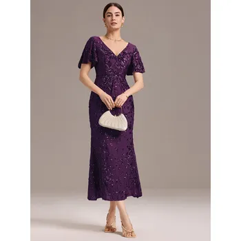 Dámské oblečení Plesové šaty s flitry a výstřihem do V midi Barva: Fialová, Velikost: 2XL
