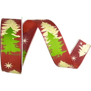 Stuha Vánoční stuha CHRISTMAS TREE MAGIC – RED & GOLD 25mm x 2,5m (12,-Kč/m) (Stuha vánoční, plastický potisk s glitrovým efektem, s drátkem v lemu)