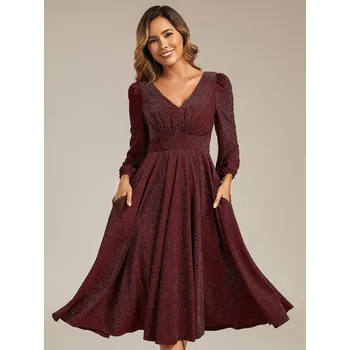 Dámské šaty Svatební šaty s dlouhým rukávem a výstřihem do V Barva: Bordová, Velikost: 7XL