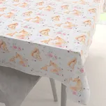 Dětský bavlněný obdélníkový ubrus Sandra SA-694 Veverky a lišky mezi květinami na bílém 140x220 cm