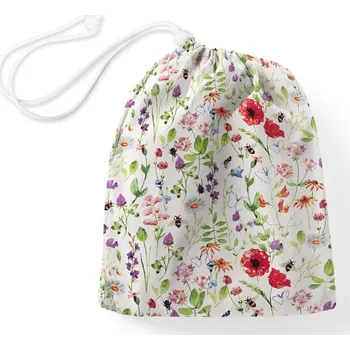 Školní sáček Bavlněný pytlík/sáček na přezůvky Sandra SA-608 Červeno-fialové luční kvítí s motýlky a čmeláčky na bílém