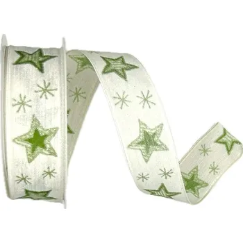Stuha Stuha vánoční CHRISTMAS GREEN STARS Bílá 25mm x 3m (9,-Kč/m) (stuha vánoční, bílá, oboustranný potisk, motiv hvězda, s drátkem v lemu)